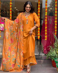 Orange Kurta Set with Embroidered Yoke