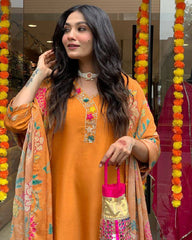 Orange Kurta Set with Embroidered Yoke