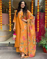 Orange Kurta Set with Embroidered Yoke
