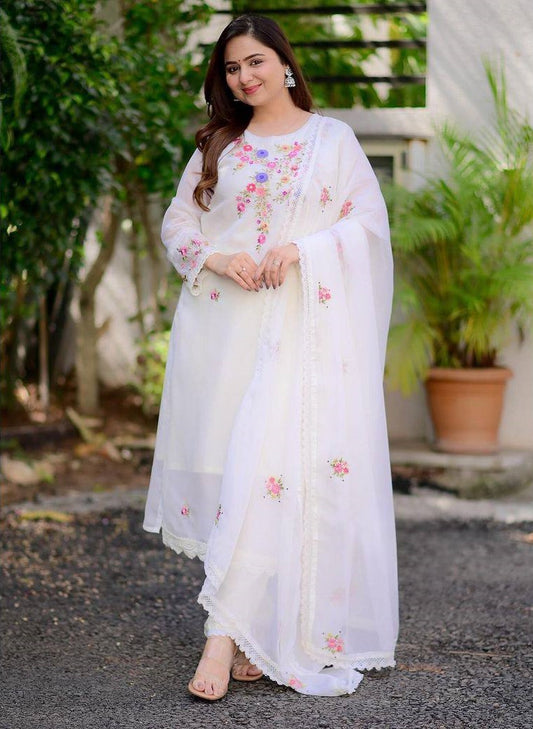 White Floral Embroidered Kurta Set with Dupatta