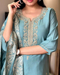 Teal Blue Embroidered Silk Kurta Set