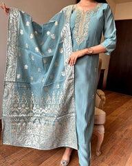 Teal Blue Embroidered Silk Kurta Set