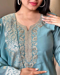 Teal Blue Embroidered Silk Kurta Set