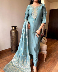 Teal Blue Embroidered Silk Kurta Set