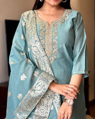 Teal Blue Embroidered Silk Kurta Set
