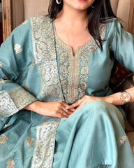 Teal Blue Embroidered Silk Kurta Set