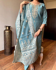 Teal Blue Embroidered Silk Kurta Set