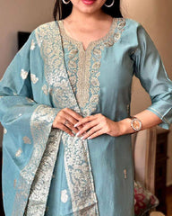 Teal Blue Embroidered Silk Kurta Set