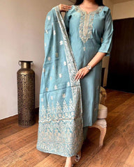 Teal Blue Embroidered Silk Kurta Set