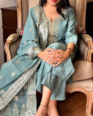 Teal Blue Embroidered Silk Kurta Set