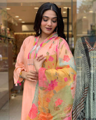 Peach Kurta Set with Floral Dupatta