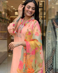 Peach Kurta Set with Floral Dupatta
