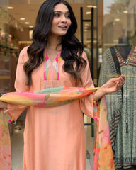 Peach Kurta Set with Floral Dupatta