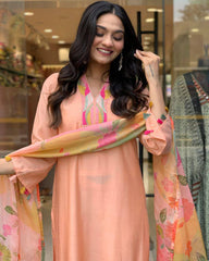 Peach Kurta Set with Floral Dupatta