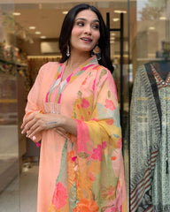 Peach Kurta Set with Floral Dupatta