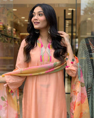 Peach Kurta Set with Floral Dupatta