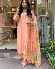 Peach Kurta Set with Floral Dupatta
