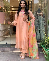 Peach Kurta Set with Floral Dupatta