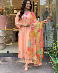 Peach Kurta Set with Floral Dupatta