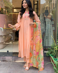Peach Kurta Set with Floral Dupatta