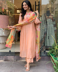 Peach Kurta Set with Floral Dupatta
