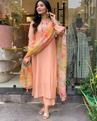 Peach Kurta Set with Floral Dupatta