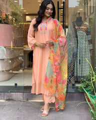 Peach Kurta Set with Floral Dupatta