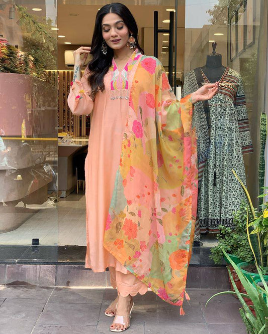 Peach Kurta Set with Floral Dupatta