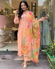 Peach Kurta Set with Floral Dupatta