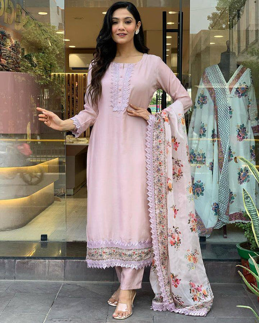Light Pink Floral Kurta Set with Printed Dupatta