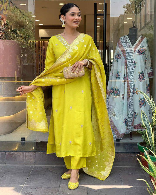 Lime Yellow Kurta Set with Embroidered Dupatta