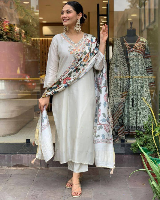 Ivory Kurta Set with Multicolor Printed Dupatta