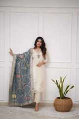Ivory Silk Kurta Set with Grey Banarasi Dupatta