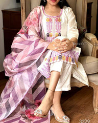 White Kurta Set with Pink & Yellow Embroidery