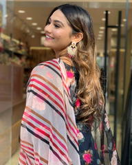 Black Floral Kurta Set with Striped Dupatta