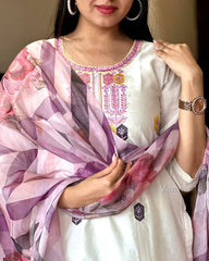 White Kurta Set with Pink & Yellow Embroidery