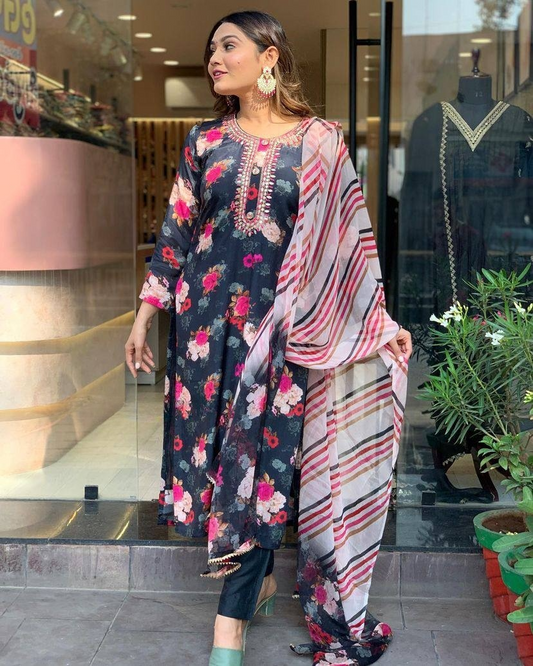 Black Floral Kurta Set with Striped Dupatta