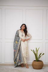 Ivory Silk Kurta Set with Grey Banarasi Dupatta