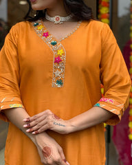 Orange Kurta Set with Embroidered Yoke