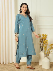 Teal Blue Kurta Set with Striped Dupatta