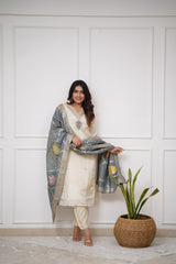 Ivory Silk Kurta Set with Grey Banarasi Dupatta