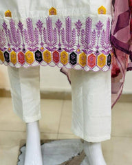 White Kurta Set with Pink & Yellow Embroidery