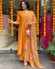 Orange Kurta Set with Embroidered Yoke
