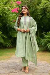 Olive Green Silk Blend Kurta Set with Embroidered Dupatta