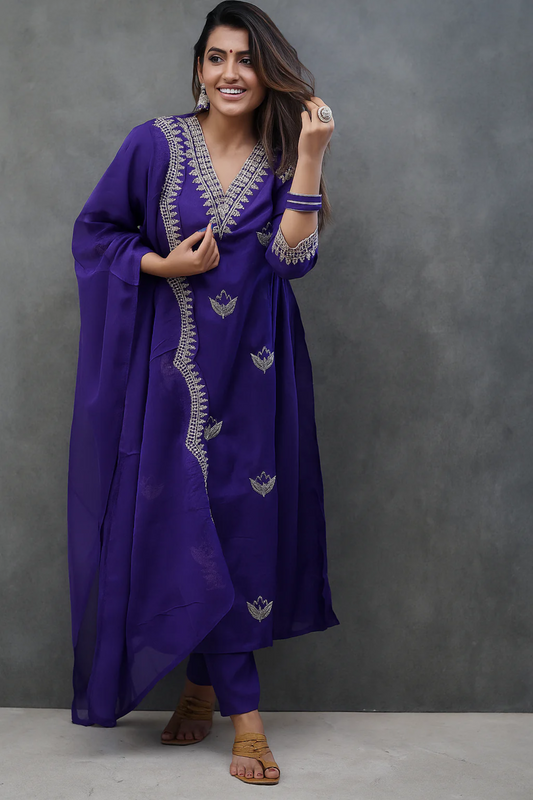 Olive Green Anarkali Kurta Set with White Floral Embroidery