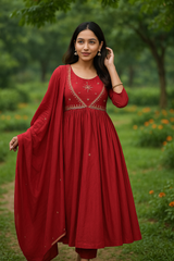 Red Anarkali Kurta Set with Gold Embroidery