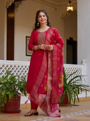 Dusty Rose Kurta Set with Floral Print Dupatta
