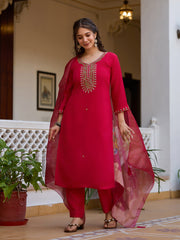 Dusty Rose Kurta Set with Floral Print Dupatta