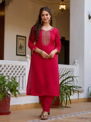 Dusty Rose Kurta Set with Floral Print Dupatta