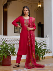 Dusty Rose Kurta Set with Floral Print Dupatta